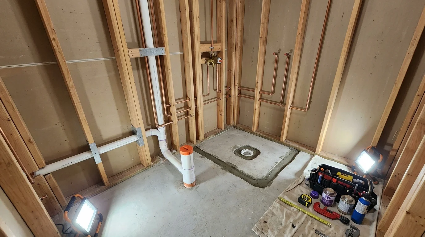 Bathroom rough-in plumbing during remodel by Johns Plumbing LLC in Hartford