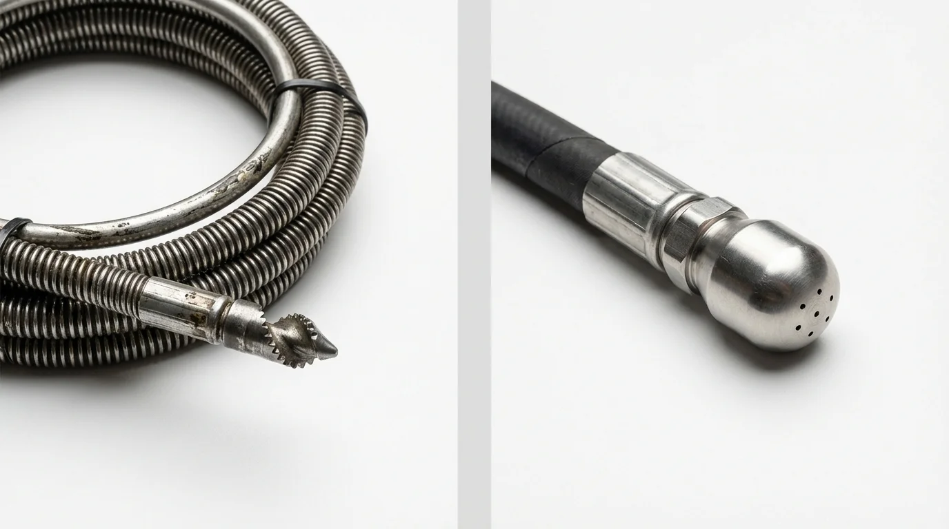 Drain snake cable and hydro jetting nozzle used for drain cleaning in Hartford, WI