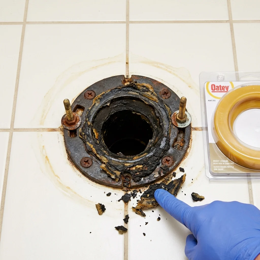 Failed wax ring showing water seepage at the base of a toilet in a Hartford, WI home