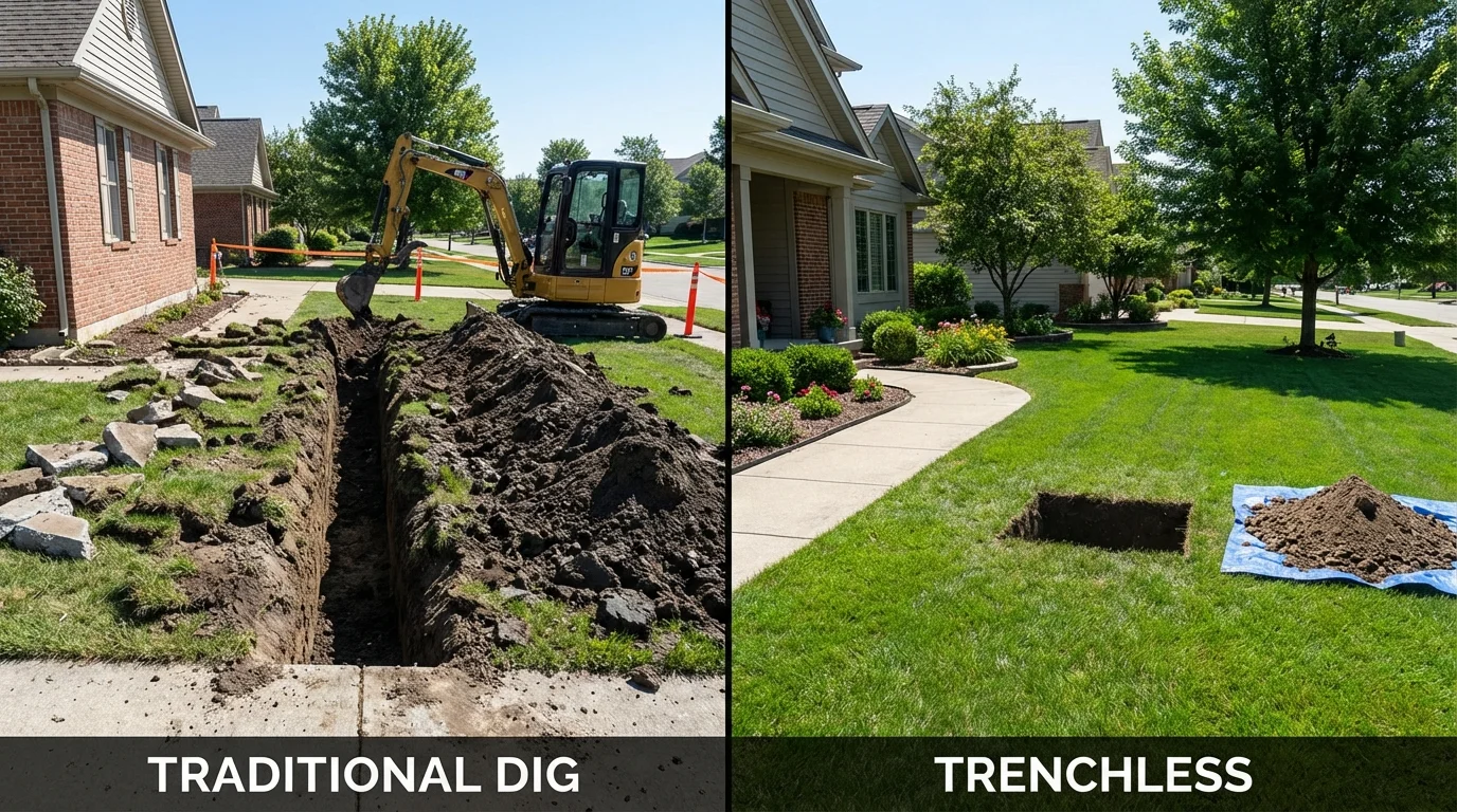 Trenchless sewer repair with minimal yard damage versus traditional excavation in Hartford, WI