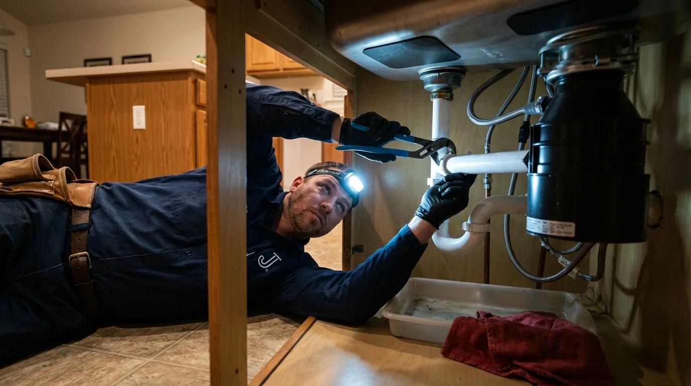P-trap and supply line connections under a kitchen sink showing a common leak point in Hartford, WI